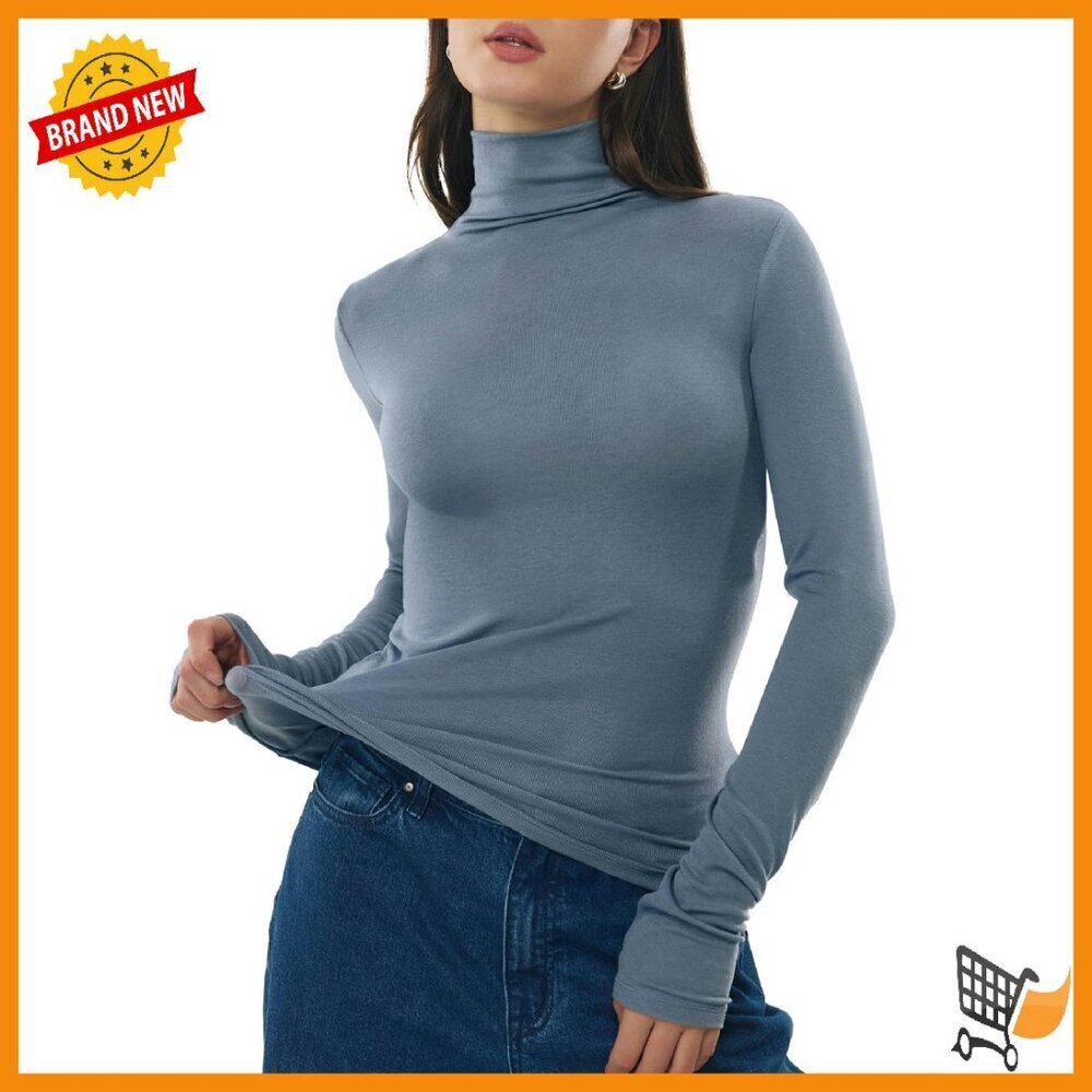 Merino Wool Turtleneck Long Sleeve Top Fitted Women's Basic Tee